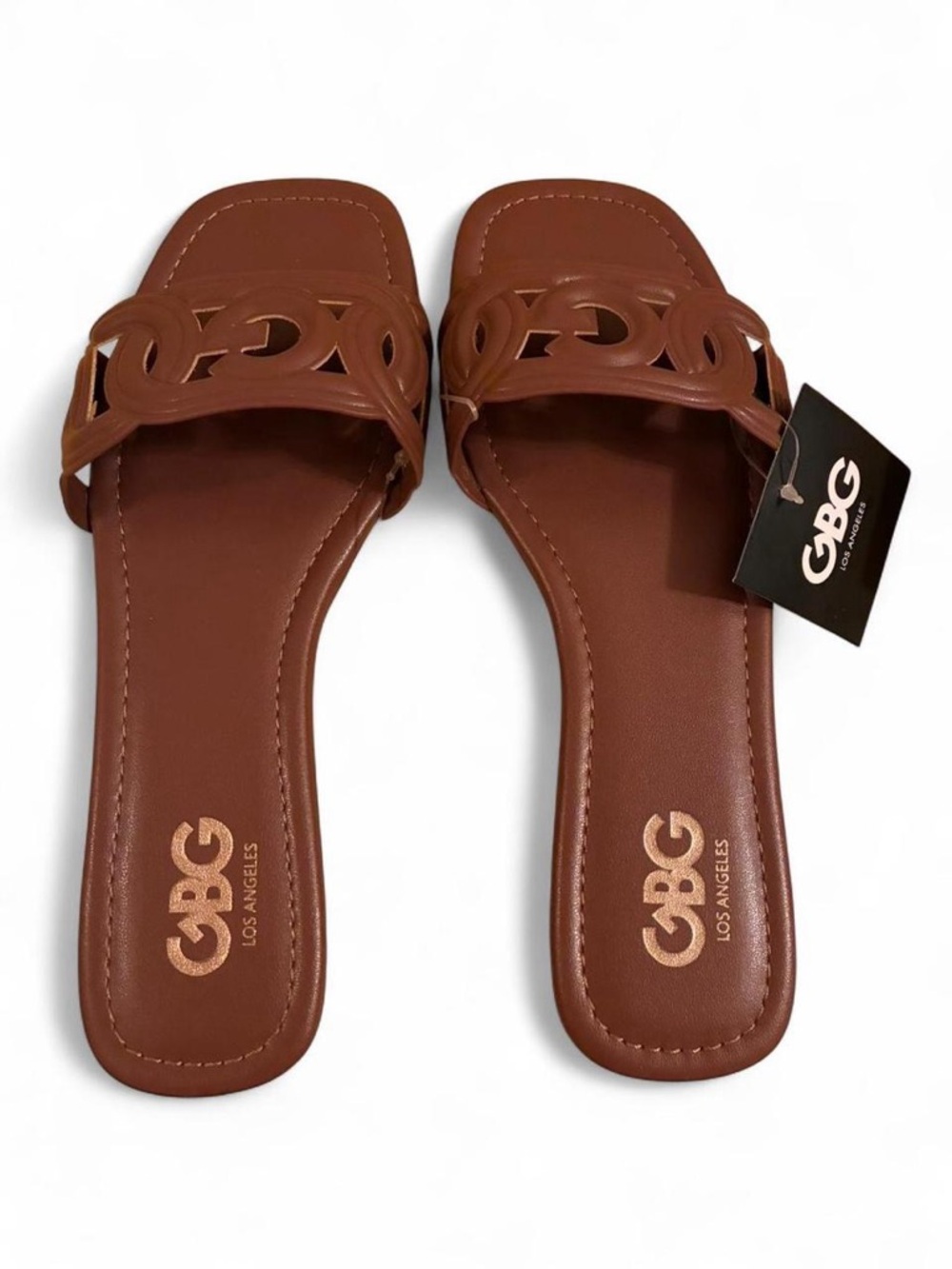 GBG Los Angeles Tan Brown Laser-Cut Slide Sandals
